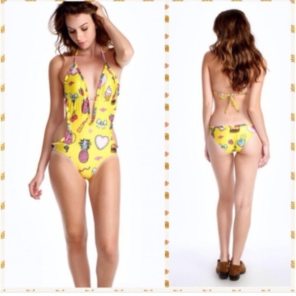 NWT Wildfox Yellow Emoji Cutout Monokini One Piece Sz. S - Picture 1 of 2